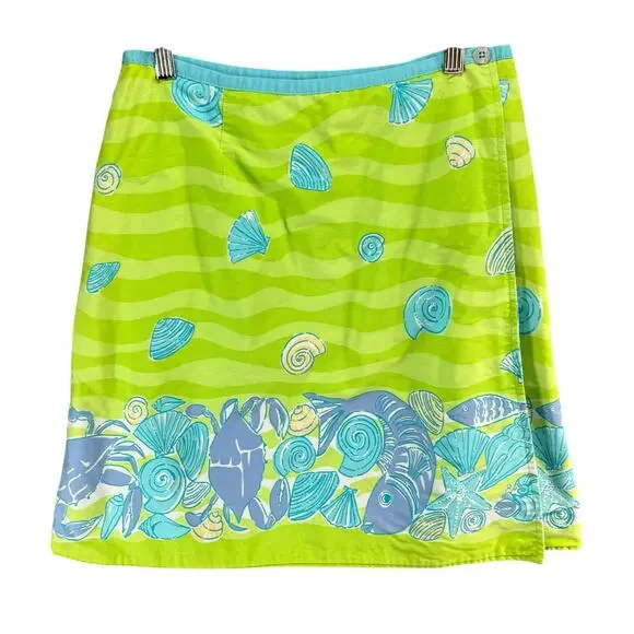 Vintage Lilly Pulitzer Reversible Wrap Skirt 6 Green Blue Low Tide Ocean Beach